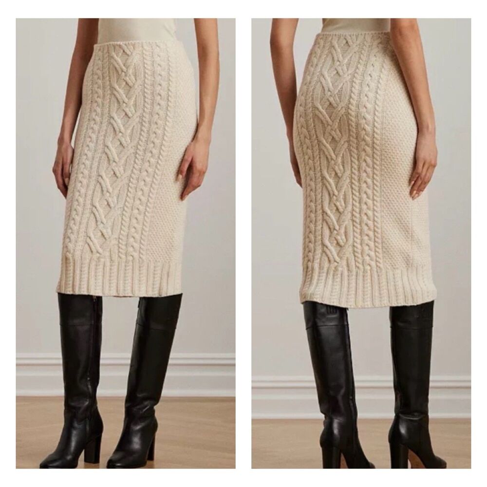 NWT - LAUREN RALPH LAUREN Wool Blend Ivory Cable Knit Midi Skirt, Lined, Sz M